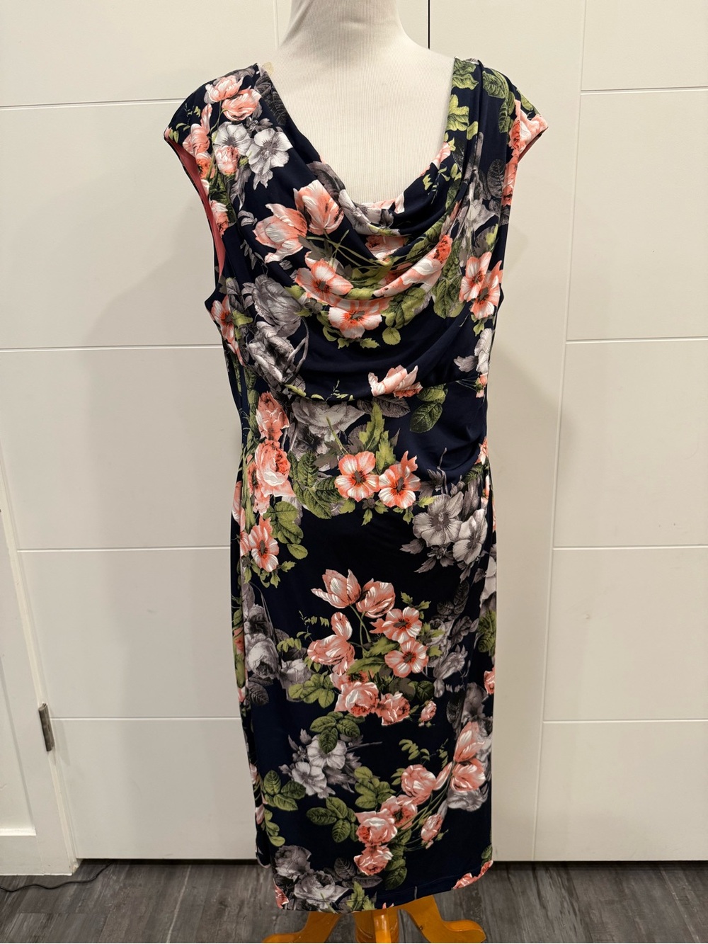 connected apparel Navy Cowl Neck Midi Dress with Coral Floral Print